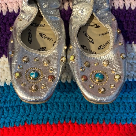 Vintage Shoes - Vintage Metallic Silver Embellished Beaded Studded Ballet Flats Slip On Shoes